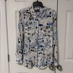 Karl Lagerfeld White and Blue Graphic Blouse